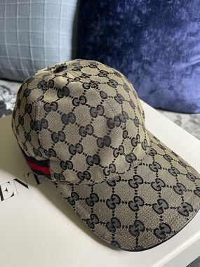 Gucci Tan and Black GG Monogram Baseball Cap with Red/Green Stripe